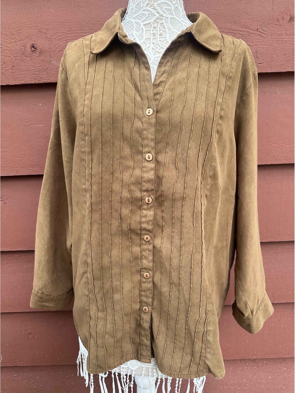 Lemon Grass Studio Faux Suede Button Up Shirt with Pintuck‎ Detail Brown